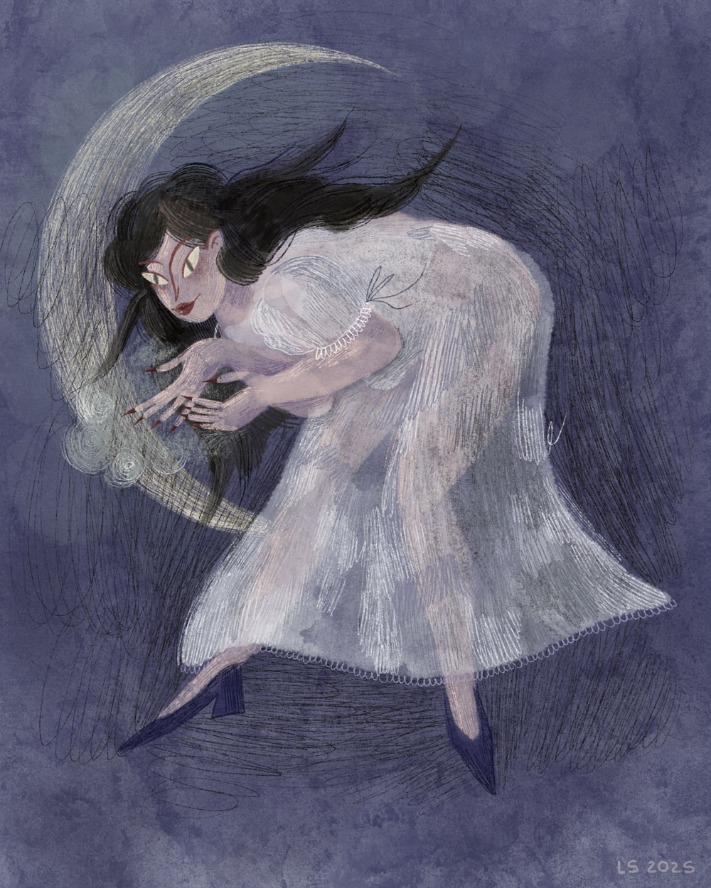 A woman, Nichnytsia, with long, dark, messy hair in a crooked pose, with the moon in the background.