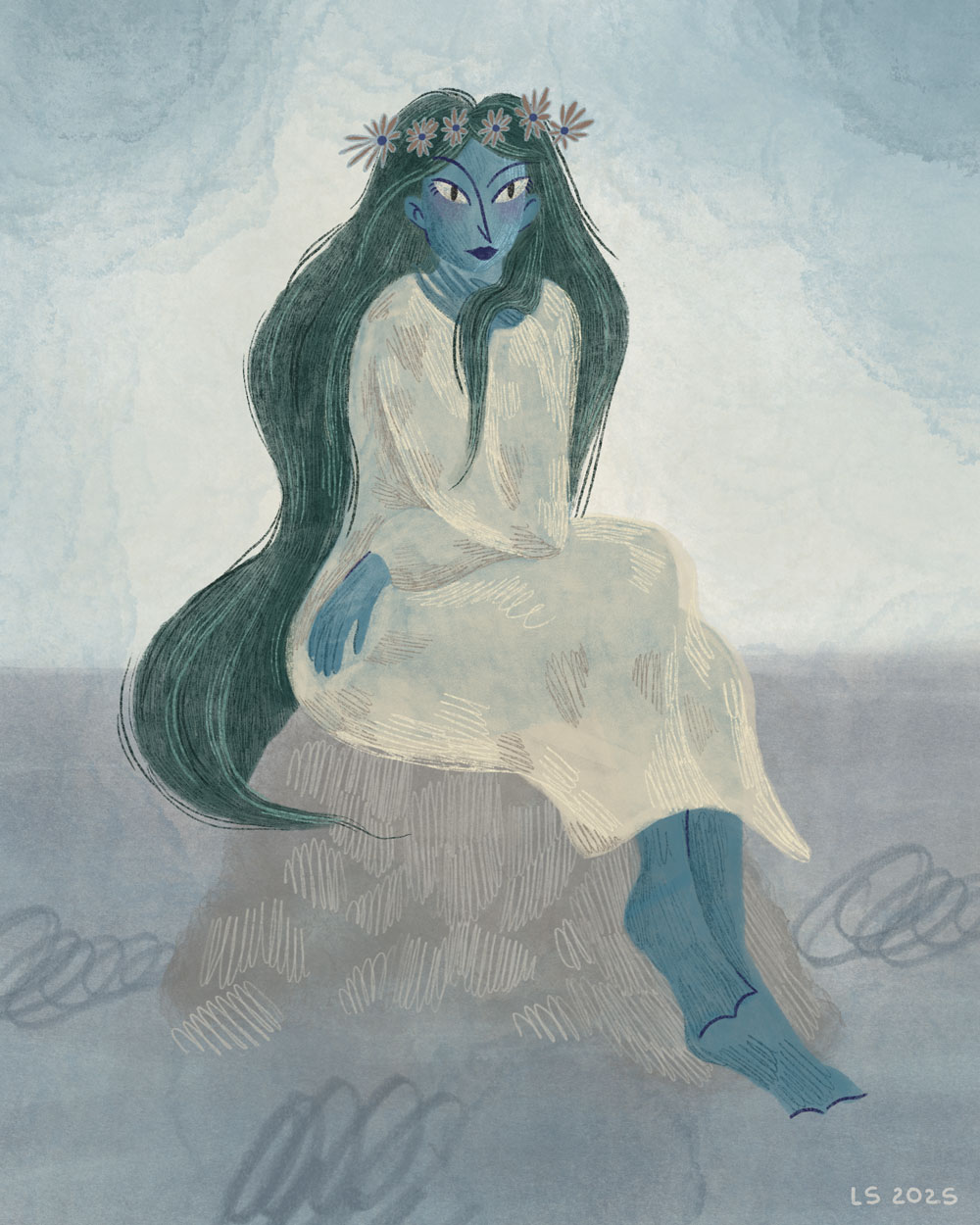 A young woman, Rusalka, with long green hair, blue skin and a light white dress.