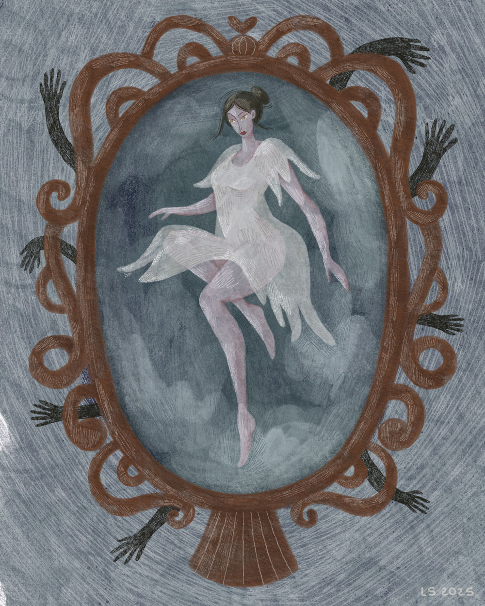 A floating woman, Zerkalytsia, inside the vintage, spooky mirror.