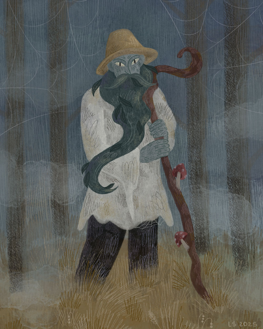 An old man, Chugaister, with a long beard, a body covered in hair, and a crooked stick.