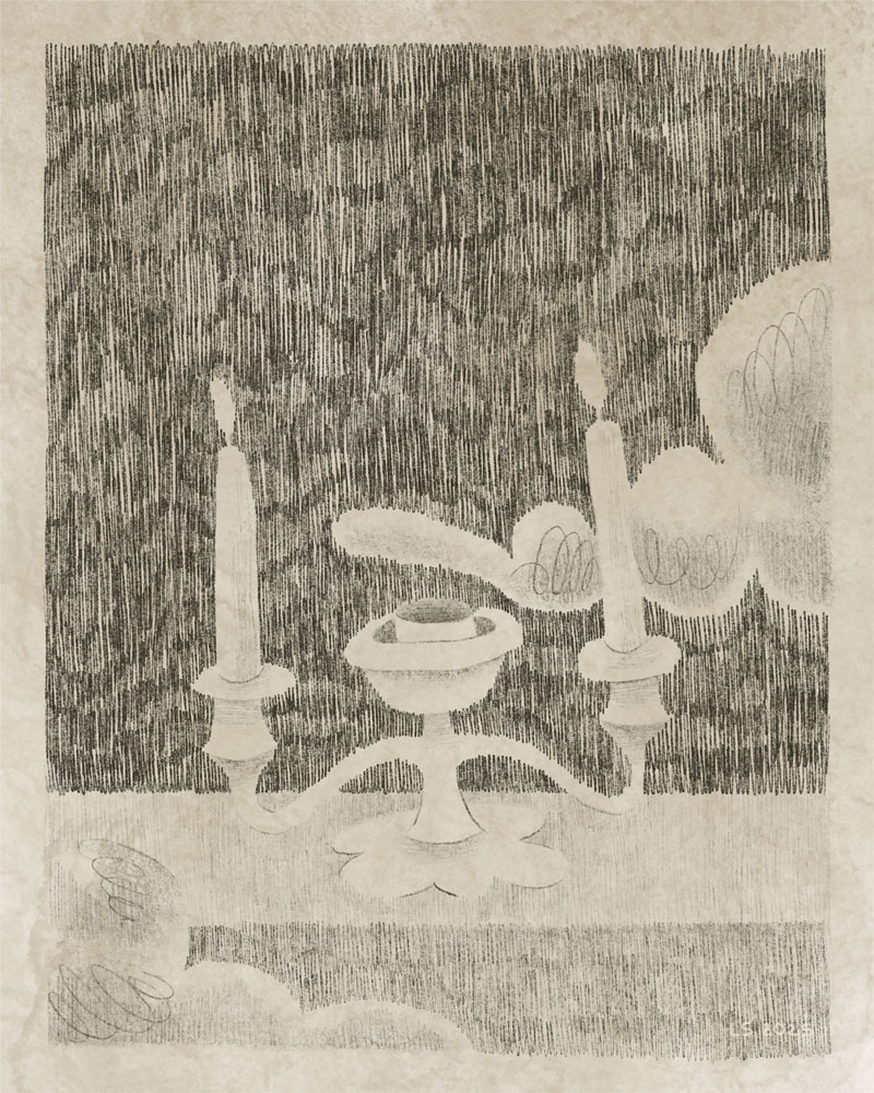 Candle holder surrounded by clouds.