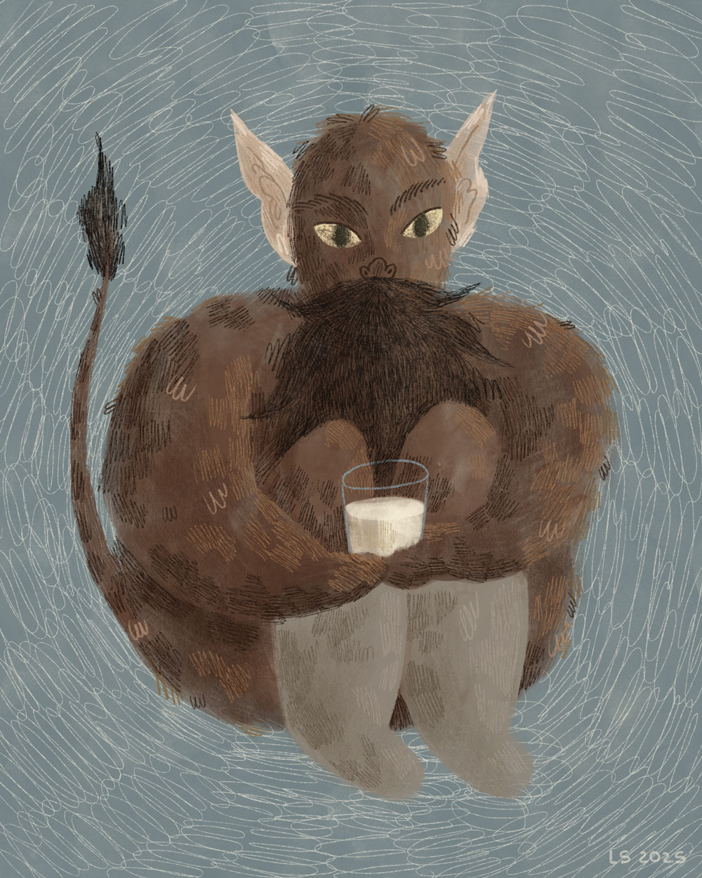 A brown, fuzzy creature, Domovyk, with a beard, big elf-like ears, and a tail, holding a glass of milk.