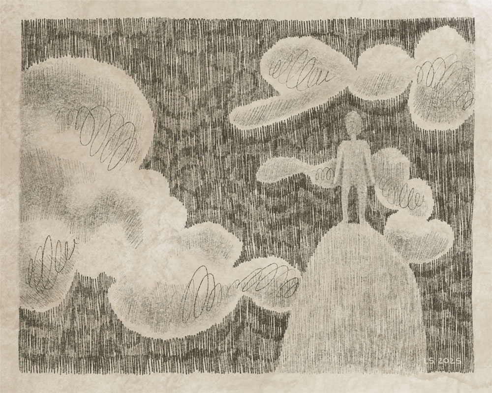 Hill with human outlines surrounded by clouds.