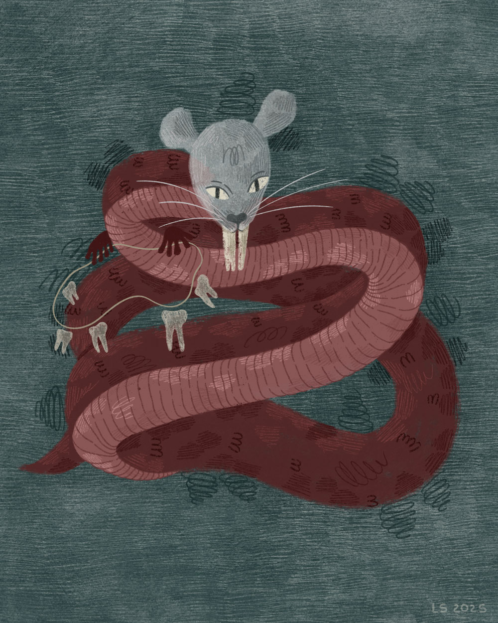 Hoha-Yaroha, a mouse with large front teeth and a red snake-like body, holding a bunch of teeth.