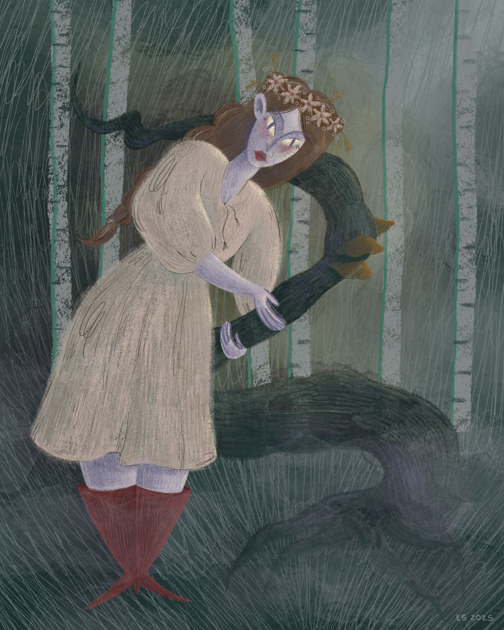 A woman, mavka, with purple skin, wearing a plain white dress, hugging a crooked tree.
