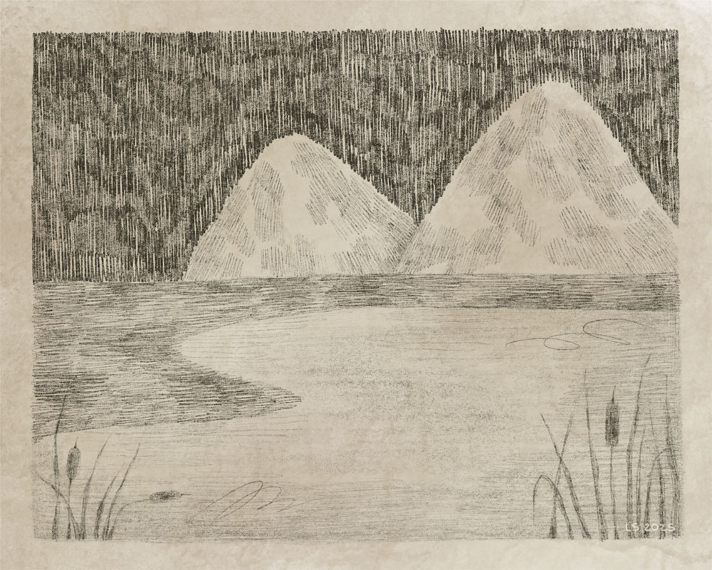 A water landscape with mountains.