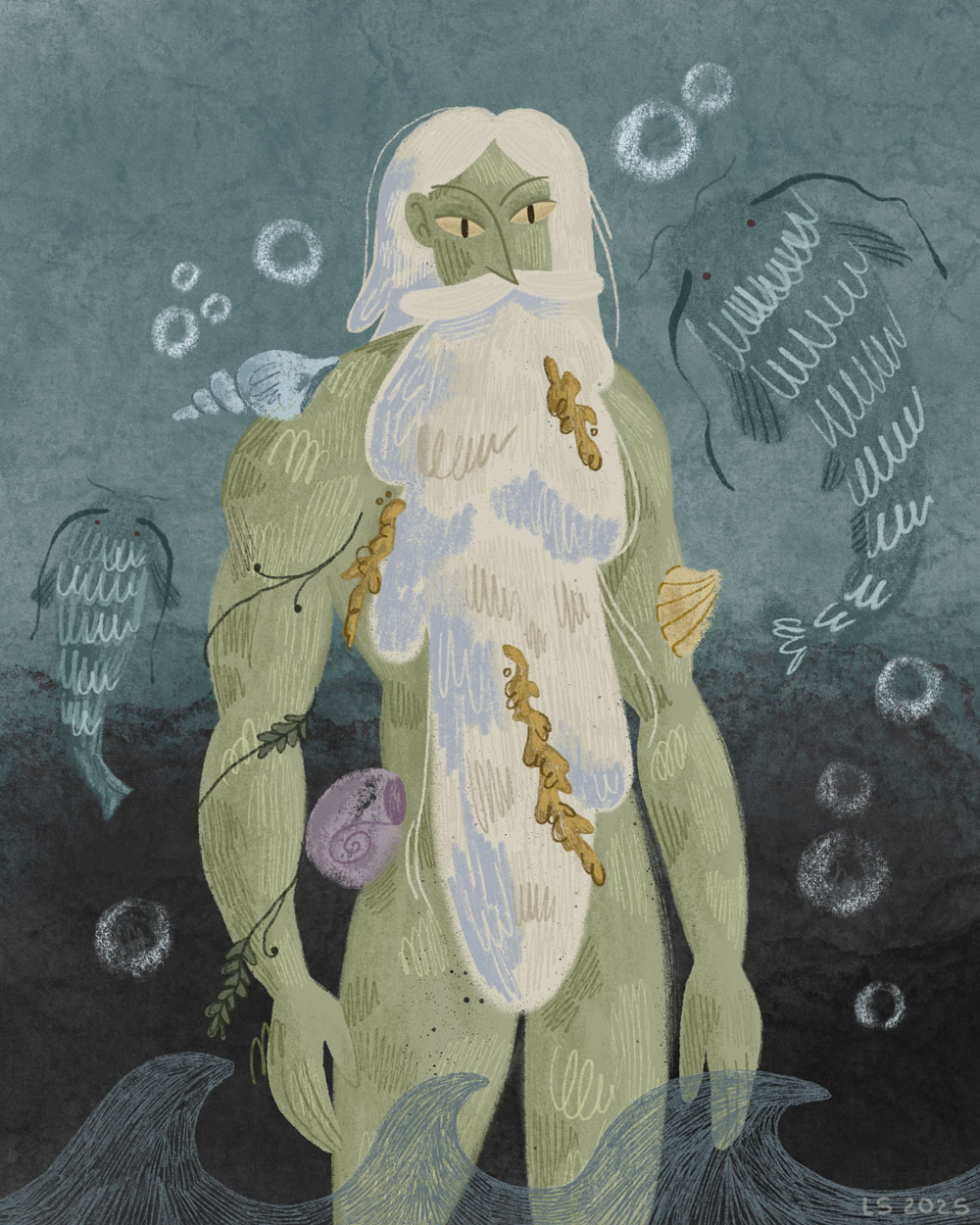 A white-haired man, Vodyanyk, with a long beard and green skin, underwater.